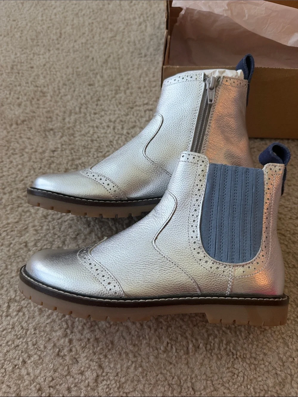 Mini Boden Metallic Silver Chelsea Boots with Navy Side Panels